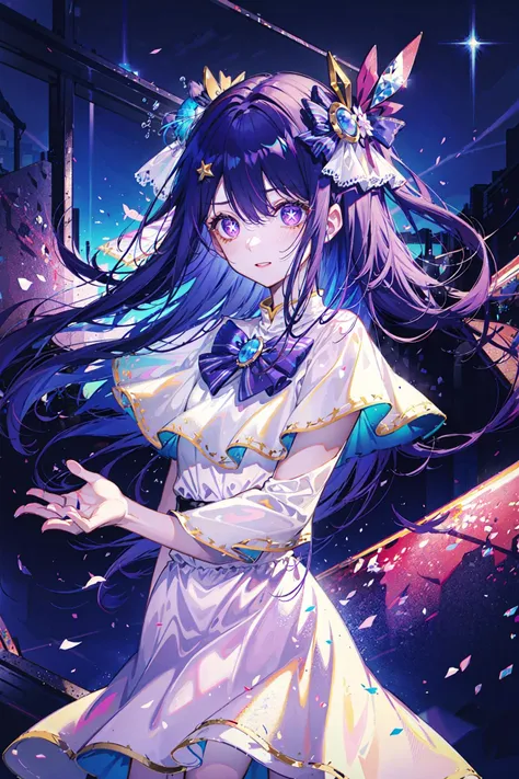 (masterpiece, best quality),((colorful)) reflection,Cinematic Lighting,medium shot
HoshinoAi,AV idol,dewy purple eyes,purple hair,star-shaped pupils,white dress,hair ornament,complexion, glowing, otherworldly,
sky,colorful light,wind,stars,star rails,Hoshino Ai's style