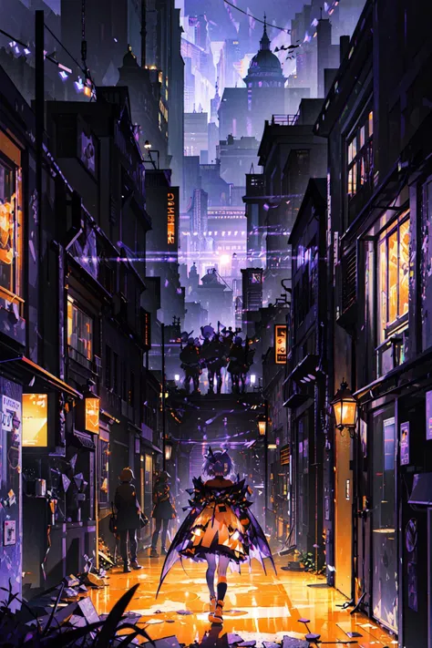 ((best quality, masterpiece, absurbres, super-resolution)) (Orange and purple:2), shadows, running away, horror, crying, spooky, heavy mist, fog, candies, lo-fi, translucent, see-through, crowd, blood