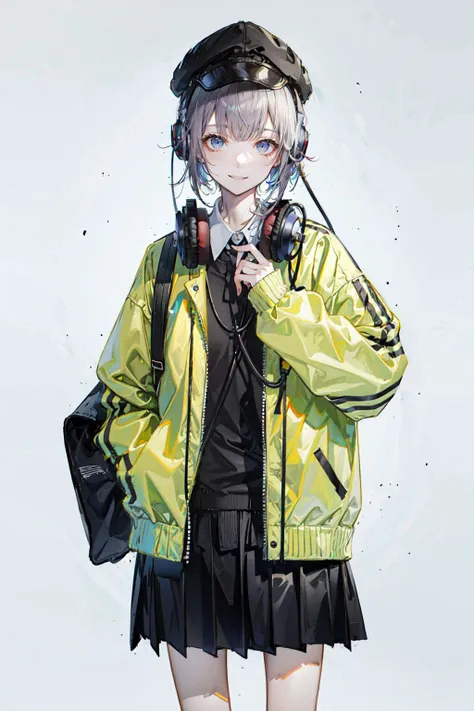 ((best quality, masterpiece, absurbres, super-resolution)), 1GIRL , SOLO , SHIRT, SWEATER,COWBOY_SHOT, BLACK_SKIRT,SCHOOL_UNIFORM,, JACKET, GREY_BACKGROUND,HEADPHONES, HAT  <lora:Chinese fashion girl:0.6>