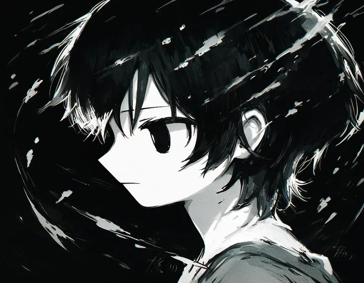 score_9, score_8_up, score_7_up, score_6_up, score_5_up, score_4_up, expressionless, closed mouth, black background, 1girl, black hair, short hair, monochrome, from side, black eyes, profile, holding, portrait, <lora:kikenXLtest1:1>