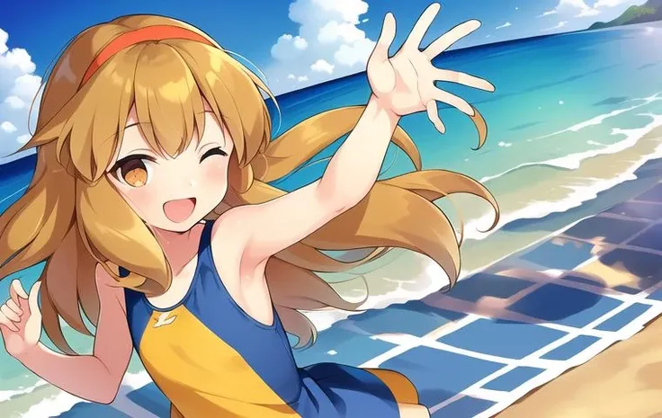 portrait of goldie_lemmon running on beach, swimsuit, (flat chest:0.35), masterpiece, whole body, <lora:GoldieLemmon:0.75>, 12yo