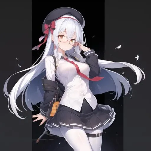 (masterpiece, best quality:1.2),illustration,8k,hd,1girl,solo,cowboy shot,white shirt,medium breasts,long hair,hat,glasses,skirt,white hair,boots,black pantyhose,yellow eyes,beret,necktie,holster,<lora:M1a1(gf):0.6>,