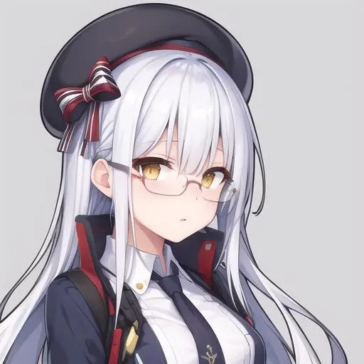 (masterpiece, best quality:1.2),illustration,8k,hd,1girl,solo,upper body,(portrait:1.2),medium breasts,long hair,hat,glasses,skirt,white hair,boots,black pantyhose,yellow eyes,beret,necktie,holster,<lora:M1a1(gf):0.6>,
