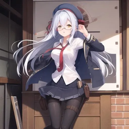(masterpiece, best quality:1.2),illustration,8k,hd,1girl,solo,cowboy shot,white shirt,medium breasts,long hair,hat,black pantyhose,glasses,skirt,white hair,boots,yellow eyes,beret,necktie,holster,<lora:M1a1(gf):0.6>,