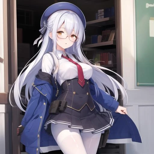 (masterpiece, best quality:1.2),illustration,8k,hd,1girl,solo,cowboy shot,white shirt,medium breasts,long hair,hat,glasses,skirt,white hair,boots,black pantyhose,yellow eyes,beret,necktie,holster,<lora:M1a1(gf):0.6>,