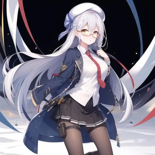 (masterpiece, best quality:1.2),illustration,8k,hd,1girl,solo,cowboy shot,white shirt,medium breasts,long hair,hat,glasses,skirt,white hair,boots,black pantyhose,yellow eyes,beret,necktie,holster,<lora:M1a1(gf):0.6>,