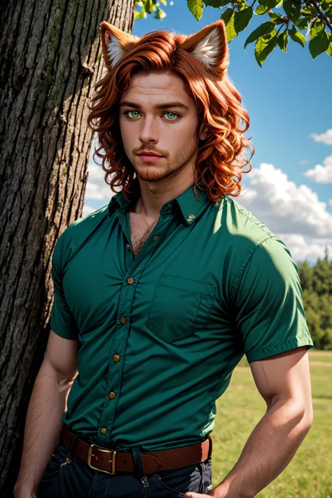 Hellaine Style, solo, looking at viewer, strawberry blonde hair, red hair, fluffy hair, curly hair, shirt, 1boy, animal ears, green eyes, male focus, outdoors, sky, day, belt, pants,  tree, facial hair, germanic heritage, hispanic, realistic, , <lora:Hellaine:0.5>