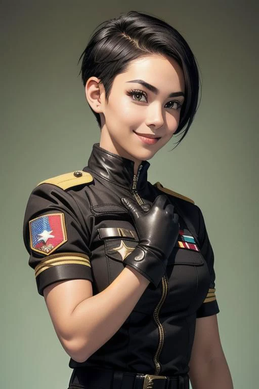 spiky bald hairstyle, short hair, mexican skin, gloves, uniform military, 1girl ,dark black hair, ((hair cut super short,)), soft Brown eyes, smile lips,