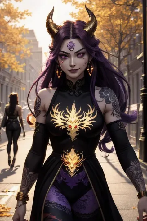 high quality. masterpiece, 8k, street, tree, road, tree canopy, upper body, face focus, 1girl, arrogant, mei, horns, long hair, (purple eyes:1.1), purple Amethyst hair, evil smile, big grin, golden red copper sliver tattoo black leggings, Amethyst laced glow tattoo black bodystockings, lace fractal red and golden glow enhanced skeleton Amethyst black tattoo bodysuit, red flower tattoo, long glow hair, glow golden earrings, red eyes, white face, tattoo mark mask tattoo, arrogant, she is standing, sunlit, weak lights and shadow, tree canopy, street, red flowers, evergreen, face focus,