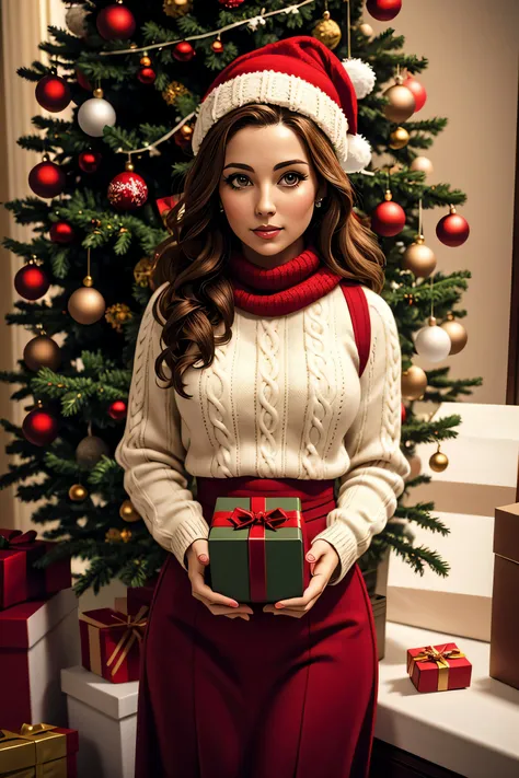 full body, Christmas, beautiful 30 year old woman, pinup, long curly hair, big hazel eyes, warm green, red and white clothes, knitted hat and red wool scarf, Disney and Pixar style, artstation, realism, superb image quality, shiny, realistic and smooth, animated but realistic, center, christmas sweater holding a box of chocolates. she elegantly stands in front of a beautifully decorated christmas tree. the overall color palette is warm and inviting, resonating with her determination and the positive influence of her venture, perfect composition, artistic photography, photorealistic concept art, award - winning photograph, masterpiece, intricate details, 8k texture, rich texture details, extremely detailed, ultra high quality model, trending on artstation, trending on 500px