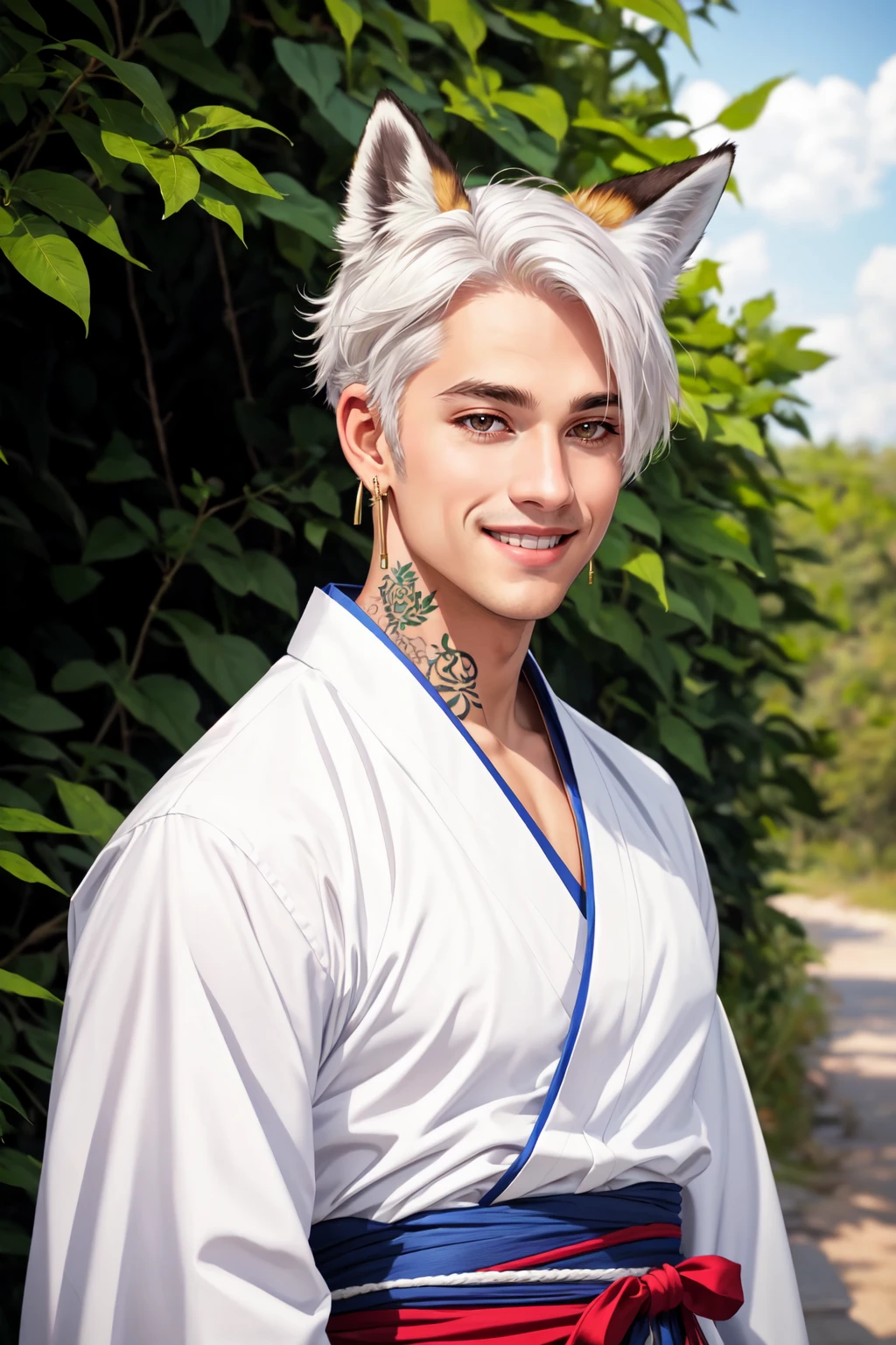 1boy, solo, male focus, mature male , white hair, short hair, fox ears, fox boy, anthro, jewelry, tattoo, earrings, kimono, realistic, smile, upper body, outdoors, 32k UHD, CANON EOS MARK IV