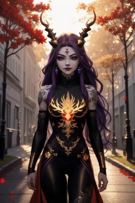 high quality. masterpiece, 8k, street, tree, road, tree canopy, upper body, face focus, 1girl, arrogant, mei, horns, long hair, (purple eyes:1.1), purple Amethyst hair, evil smile, big grin, golden red copper sliver tattoo black leggings, Amethyst laced glow tattoo black bodystockings, lace fractal red and golden glow enhanced skeleton Amethyst black tattoo bodysuit, red flower tattoo, long glow hair, glow golden earrings, red eyes, white face, tattoo mark mask tattoo, arrogant, she is standing, sunlit, weak lights and shadow, tree canopy, street, red flowers, evergreen, face focus,
