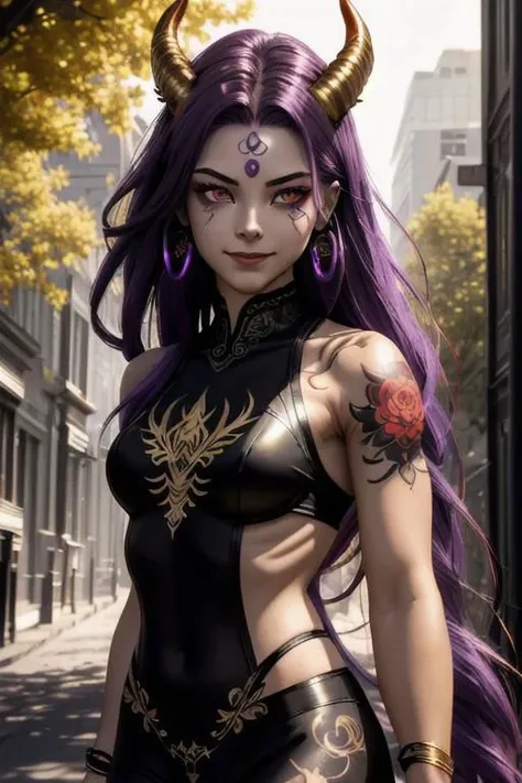 high quality. masterpiece, 8k, street, tree, road, tree canopy, upper body, face focus, 1girl, arrogant, mei, horns, long hair, (purple eyes:1.1), purple Amethyst hair, evil smile, big grin, golden red copper sliver tattoo black leggings, Amethyst laced glow tattoo black bodystockings, lace fractal red and golden glow enhanced skeleton Amethyst black tattoo bodysuit, red flower tattoo, long glow hair, glow golden earrings, red eyes, white face, tattoo mark mask tattoo, arrogant, she is standing, sunlit, weak lights and shadow, tree canopy, street, red flowers, evergreen, face focus,