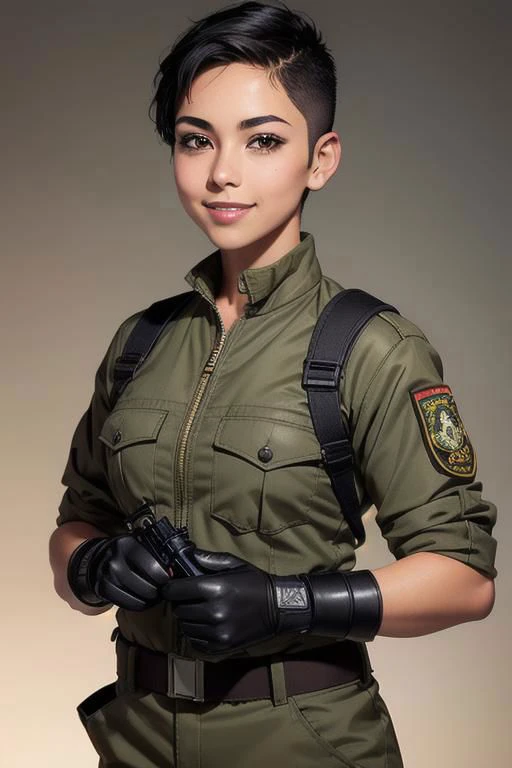 spiky bald hairstyle, short hair, mexican skin, gloves, uniform military, 1girl ,dark black hair, ((hair cut super short,)), soft Brown eyes, smile lips,