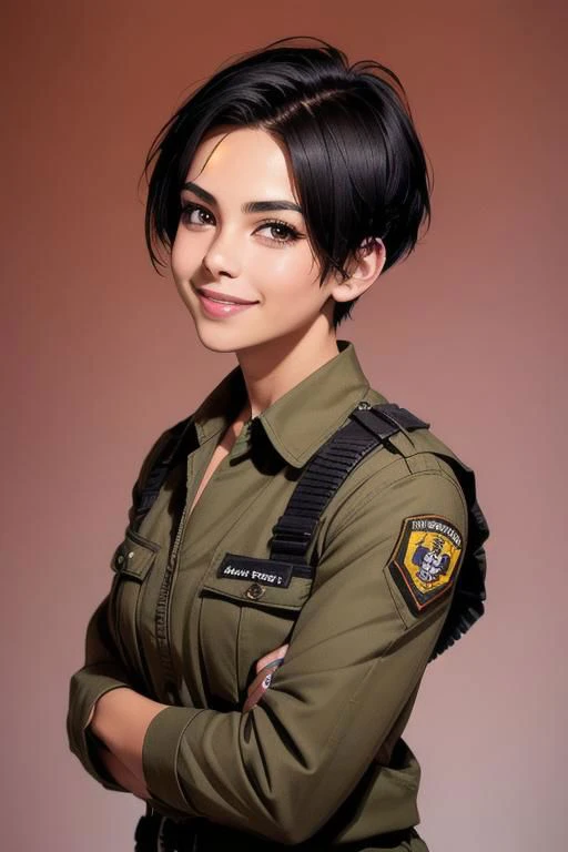 spiky bald hairstyle, short hair, mexican skin, gloves, uniform military, 1girl ,dark black hair, ((hair cut super short,)), soft Brown eyes, smile lips,