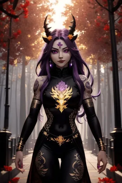 high quality. masterpiece, 8k, street, tree, road, tree canopy, upper body, face focus, 1girl, arrogant, mei, horns, long hair, (purple eyes:1.1), purple Amethyst hair, evil smile, big grin, golden red copper sliver tattoo black leggings, Amethyst laced glow tattoo black bodystockings, lace fractal red and golden glow enhanced skeleton Amethyst black tattoo bodysuit, red flower tattoo, long glow hair, glow golden earrings, red eyes, white face, tattoo mark mask tattoo, arrogant, she is standing, sunlit, weak lights and shadow, tree canopy, street, red flowers, evergreen, face focus,