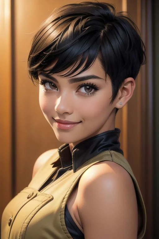 spiky bald hairstyle, short hair, mexican skin, gloves, uniform military, 1girl ,dark black hair, ((hair cut super short,)), soft Brown eyes, smile lips,