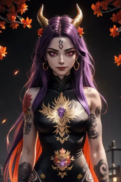 high quality. masterpiece, 8k, street, tree, road, tree canopy, upper body, face focus, 1girl, arrogant, mei, horns, long hair, (purple eyes:1.1), purple Amethyst hair, evil smile, big grin, golden red copper sliver tattoo black leggings, Amethyst laced glow tattoo black bodystockings, lace fractal red and golden glow enhanced skeleton Amethyst black tattoo bodysuit, red flower tattoo, long glow hair, glow golden earrings, red eyes, white face, tattoo mark mask tattoo, arrogant, she is standing, sunlit, weak lights and shadow, tree canopy, street, red flowers, evergreen, face focus,