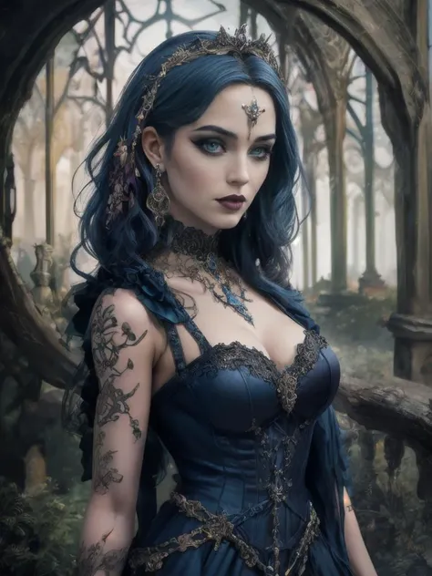 award-winning photography of 1girl, posing for a photo shoot, beautiful, fantastical two toned colorful hair, gothic make up, wearing a diadem, witch symbols on skin, (enchanted and whimsical wonderland in background: 1.3), cowboy shot, sfw, tale, magical, ultra realistic