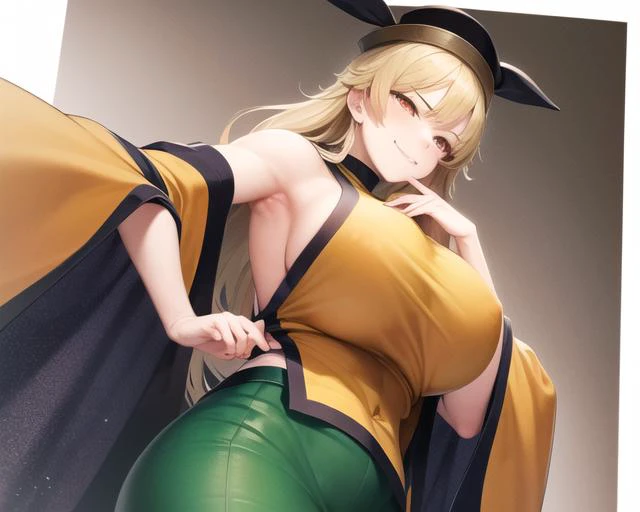 <lora:matara_okina_v1:0.8>, matara_okina, 1girl, solo,
detached sleeves, long sleeves, green skirt, hat, orange eyes, blonde,
view from below, big breasts, smug face, hands on chest