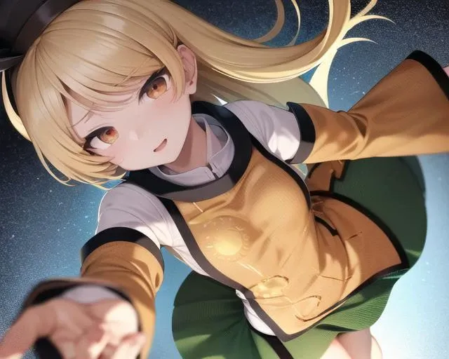 <lora:matara_okina_v1:0.8>, matara_okina, 1girl, solo,
detached sleeves, long sleeves, green skirt, hat, orange eyes, blonde,
view from above, disgusted