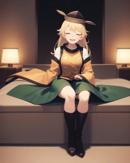 <lora:matara_okina_v1:0.8>, matara_okina, 1girl, solo,
detached sleeves, long sleeves, green skirt, hat, orange eyes, blonde,
sitting, smile, teeth, closed eyes, black boots