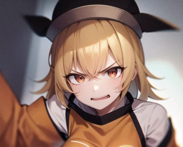 <lora:matara_okina_v1:0.8>, matara_okina, 1girl, solo,
detached sleeves, long sleeves, hat, orange eyes, blonde,
angry, close-up