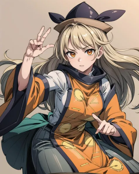 <lora:matara_okina_v1:1.0>, matara_okina, 1girl, solo, detached sleeves, long sleeves, hat, green skirt, orange_eyes, tabard, masterpiece, best quality, <lora:add_detail:1>