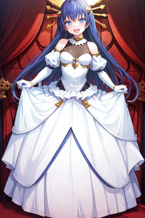 1girl, masterpiece, best quality, illustration, lia parapara leazas, curtsey, dress lift, open mouth, indoors, throne room, stone walls, white dress, bare shoulders, hair ornament, smile, looking at viewer, banners,