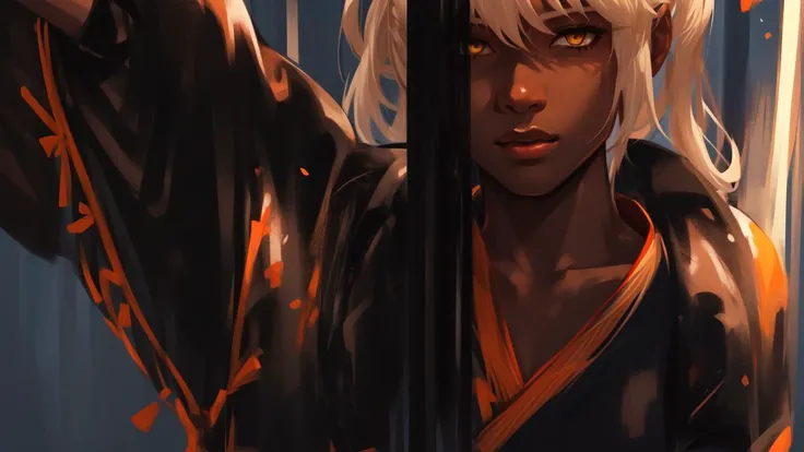 CONTROL NET WAS USED
(masterpiece, best quality:1.2), highly detailed, black, perfect female body, tomboy, solo, dark skin, blonde hair, ponytail, detailed eyes, yellow eyes, black kimono, very long skirt, <samurai set>, <samurai armor>,<lora:Painterly-Style_LoRA:0.7>