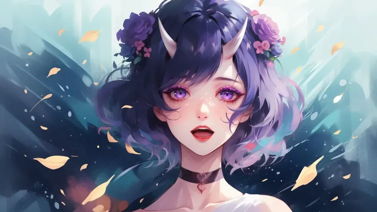 1girl, solo, horns, oni horns, purple hair, flower, short hair, purple eyes, oni, holding flower, looking at viewer, skin-covered horns, makeup, holding, bare shoulders, bangs, bob cut, open mouth, eyeshadow, smile, headpiece, eyeliner, gradient, gradient background, upper body, petals, collarbone, choker, gem <lora:Painterly-Style_LoRA:0.7>
