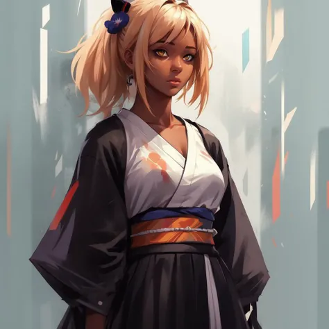 (masterpiece, best quality:1.2), highly detailed, black, perfect female body, tomboy, solo, dark skin, blonde hair, ponytail, detailed eyes, yellow eyes, black kimono, very long skirt, <samurai set>, <samurai armor>,<lora:Painterly-Style_LoRA:0.7>