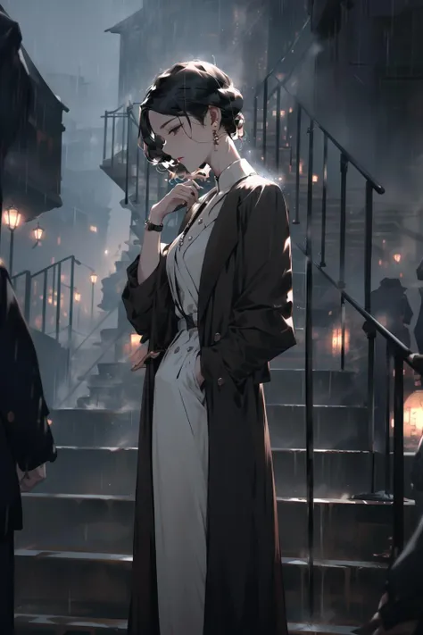 <lora:C_1920_shanghai:1>,1girl, short_hair, skirt, shirt, black_hair, jewelry, standing, jacket, white_shirt, earrings, outdoors, solo_focus, hair_bun, coat, night, single_hair_bun, rain, long_skirt, watch, hand_in_pocket, stairs, railing, wristwatch, grey_sky
