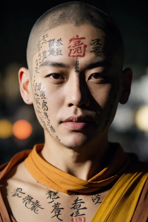 elaborate portrait of a monk by Laurey Greasley and Takeshi Obata, desire to achieve enlightenment, nirvana, yellow, orange, cyberpunk, detailed, realistic, 8k uhd, high quality, <lora:bodywritingN1.0:1>, chinese characters, body writing, face painting,