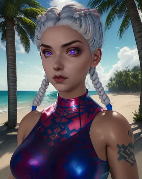 izzy,pink eyes,twin braids,shoulder tattoo,
leotard,
standing,upper body,
beach,dusk,trees,
(insanely detailed, beautiful detailed face,beautiful detailed eyes, masterpiece, best quality),<lora:izzy:0.8>,