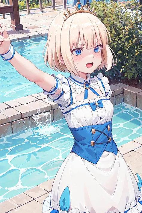 1girl,solo,full body,standing,(blonde hair:1.2),short hair,(blue eyes:1.2),(beautiful fingers:1.4),(perfect anatomy:1.4),(arms_behind_back:1.6),(cold_shoulder:1.2),(blue leather lace glossy silk lamé leotard:1.4),(latex luster shiny glossy metallic:1.6),(shiny_clothes:1.6),medium breasts,beautiful breasts,(masterpiece),best quality,(Ultra high definition eyes:1.2),8k,(Beautiful detailed eyes:1.2),(Fine and beautiful eyes:1.2),(pretty eyes:1.2),finely detail,extremely CG, absurdres,high resolution,illustration,Detailed and beautiful outlines,finely detail,high resolution,(colorful refraction:1.4,Increase saturation:1.2),beautiful lighting,dynamic lighting,closed room,black background,simple background, smile,looking at viewer,animemia,blue dress,white dress,tiara,glove,(blue thigh boost:1.4)