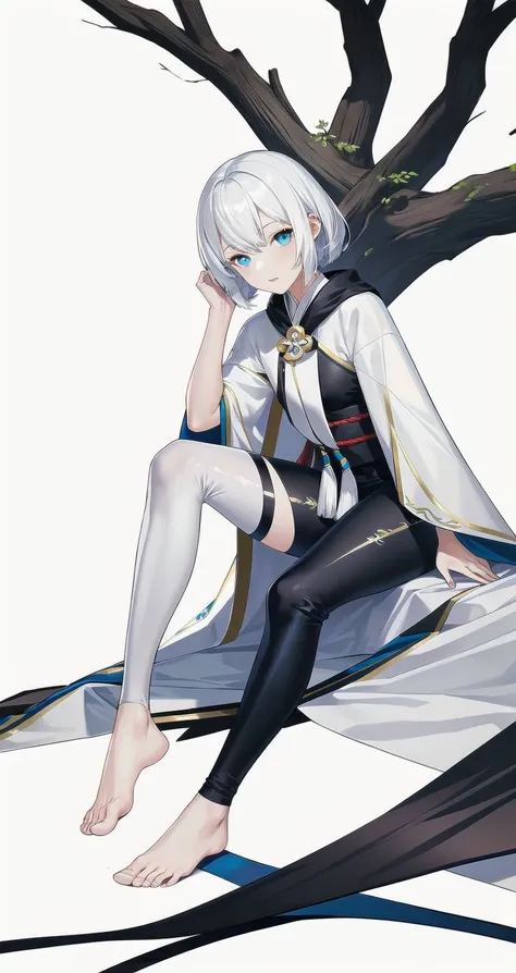 1girl, white kimono, white hair, medium hair, blue eyes, glowing eyes,
sitting, feet, pants, tight, tight pants,
(genshin impact:0.7), white background, high quality, highres, masterpiece, <lora:isatis_style:0.7> isatis, genshin