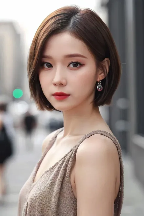 a woman, (realistic), (hyperrealism), (photorealistic), depth of field, eye makeup:0.5, (upper body:1.2), (narrow waist:0.7), looking at the viewer, casual outfit, at the city streets, <lora:httpwinter:0.45>