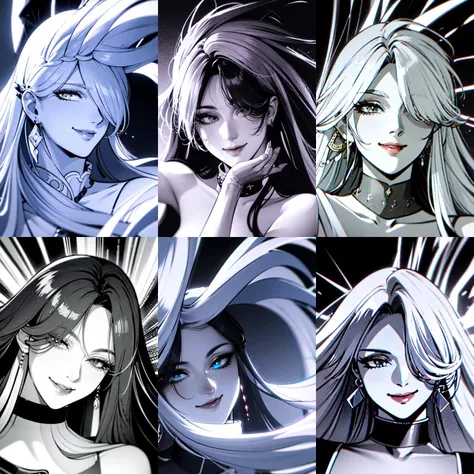 highly insanely detailed, masterpiece, top quality, best quality, highres, 4k, 8k, RAW photo, (long_hair, long hair), collar, earrings, jewelry,
(random colors cloth, random colors hair, random long hair, dynamic hair, glowing hair),
sparking lips, eyeliner, makeup, hair over one eye,
(dynamic pose), (dynamic weather),
Face focus, face and shoulder only, portrait,
1girl, (solo:1.2), (Long straight hair), <lora:ff_v3-000003:0.8>,
(smiling at viewer)