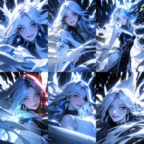 highly insanely detailed, masterpiece, top quality, best quality, highres, 4k, 8k, RAW photo, (long_hair, long hair), collar, earrings, jewelry,
(random colors cloth, random colors hair, random long hair, dynamic hair, glowing hair),
sparking lips, eyeliner, makeup, hair over one eye,
(dynamic pose), (dynamic weather),
Face focus, face and shoulder only, portrait,
1girl, (solo:1.2), (Long straight hair), <lora:ff_v3-000003:0.8>,
(smiling at viewer)