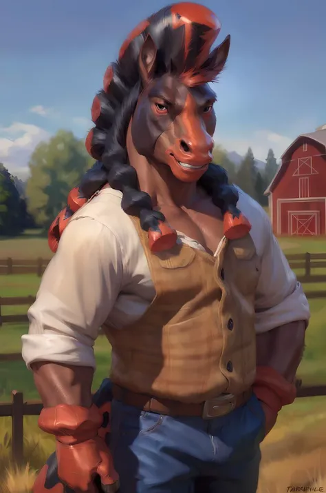 (by taran fiddler), (by darkgem:0.8), (by chunie:1), masterpiece,
detailed fur, portrait, seductive, looking at viewer, smirk, grin, (mudsdale:1.2), horse, (detailed pixar eyes:1.2), detailed eyes, male, anthro, hair, (tail), blue jeans, farmer outfit,
(detailed farmland background), (day), <slora:add_detail:0.3>, <lora:LoraMudsdaleBY_mudsdale:1>, fence, barn