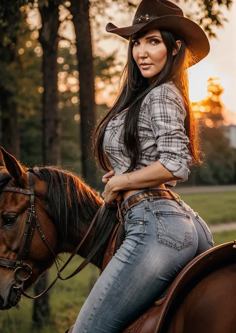 High-resolution Photorealistic Image of <lora:_PS_Lora:0.8> realistic dpr1nc3 Diana_Prince woman, long black hair, wearing a cowgirl hat, flannel shirt and denim jeans, (riding on horseback:1.2), sunset, wilderness, gigantic bust, narrow waist, wide hips, thicc legs <lora:EnhancedDetail:1>, bokeh, LDSR, Depth of Field, OverallDetail