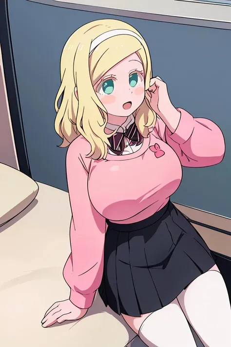 ((highest quality)), ((masterpiece)), (become familiar with), perfect face,blonde,medium hair,grated bangs,eyes without highlights,Desaturated green eyes,Drooping eyes,grinning,look down,tall,big breasts,Rubbing your chest with selfie,The sweater that kills virginity,black panties,slender,28 years old,Show the whole body,Reflection to the toes,Bedroom,