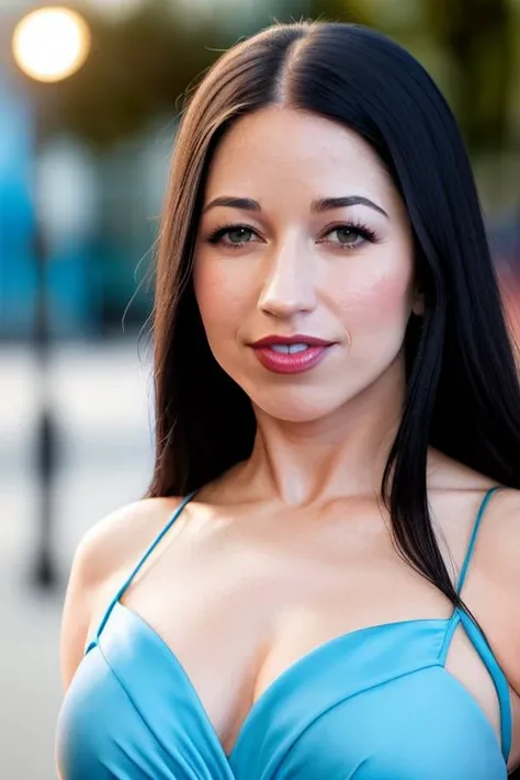 photo of (alexcoal-1300:0.99), a beautiful woman, closeup zoomed in tight crop portrait, wearing a light blue evening gown , at a hollywood premier, bokeh, foreground objects background details (masterpiece:1.2)