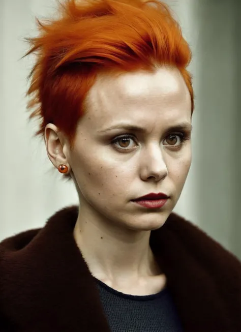 portrait of sks woman by Flora Borsi, style by Flora Borsi, bold, bright colours, orange Mohawk haircut, ((Flora Borsi)), <lora:locon_alisonpill_v1_from_v1_64_32:1.25>