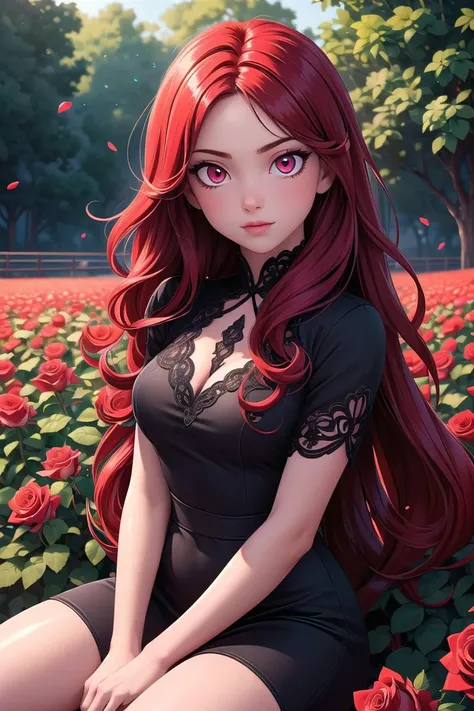 Cowboy Shot,((glossy eyes)),(masterpiece, best quality:1.4)best quality, high detail, (detailed face), detailed eyes, (beautiful, aesthetic, perfect, delicate, intricate:1.0), <lora:more_details:0.3>,<lyco:GoodHands-beta2:1>, <lyco:GPTS4 dreamwave full_478773:0.3>,1girl,red long hair,glowing red eyes,detailed,crimson light,field of red roses,black dress,light particles,sitting on roses,outdoors,sunlight