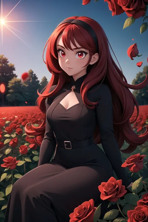 (masterpiece, best quality:1.4),1girl,red long hair,glowing red eyes,detailed,crimson light,field of red roses,black dress,light particles,sitting on roses,outdoors,sunlight,<lora:more_details:0.3>, <lyco:GoodHands-beta2:0.8>,
