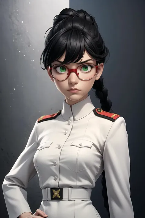 (Highest quality:1.3), Film Foundations Reference,Science Fiction,English,(Realistic Face Resolution),(Movie Poster : 1.5), Science Fiction, Sci-Fi, War, 3D Face, Most Realism Resolution, Beautiful Effects, CG Best,More Than One,Serious Face,Serious Face,Backgrounds Image,White Dress,(Wearing German World War 2 General Uniform),Woman,Adult,Age 28,Small Breasts,Skinny,Green Eyes,Black Hair,Double Braided Hairstyle,Bangs,Red Glasses,Fighter Plane,Military,Air Force,Army Greatness <lora:more_details:0.5> <lyco:GPTS4 dreamwave full_478773:0.3>