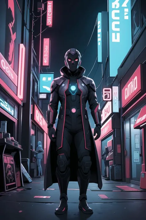 (best quality:1.3), (best performance:1.2), (best illustration:1.2), (Comic style:1.2), (artistic cinematic lighting:1.2) (1man) wearing futuristic technological Cyberpunk electronic robes, his body is covered by metallic parts, in a cinematic horror movie background in a futuristic Cyberpunk city.