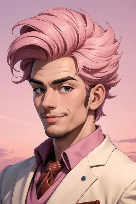 (masterpiece, best quality:1.4) 1man, male focus, tall muscular, handsome, smile, closed mouth, suit, portrait, extremely detailed face, (pink sky) <lora:more_details:0.5> <lyco:GPTS4 dreamwave full_478773:0.3>